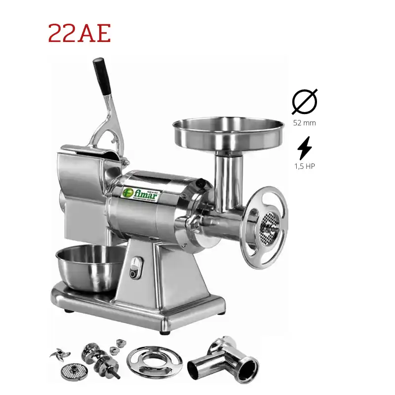 Fimar 22AE – kombinirani stroj za mljevenje mesa i ribanje kapaciteta 150–250 kg/h Kombinirani stroj Fimar 22AE za mljevenje i ribanje od aluminija i inoxa