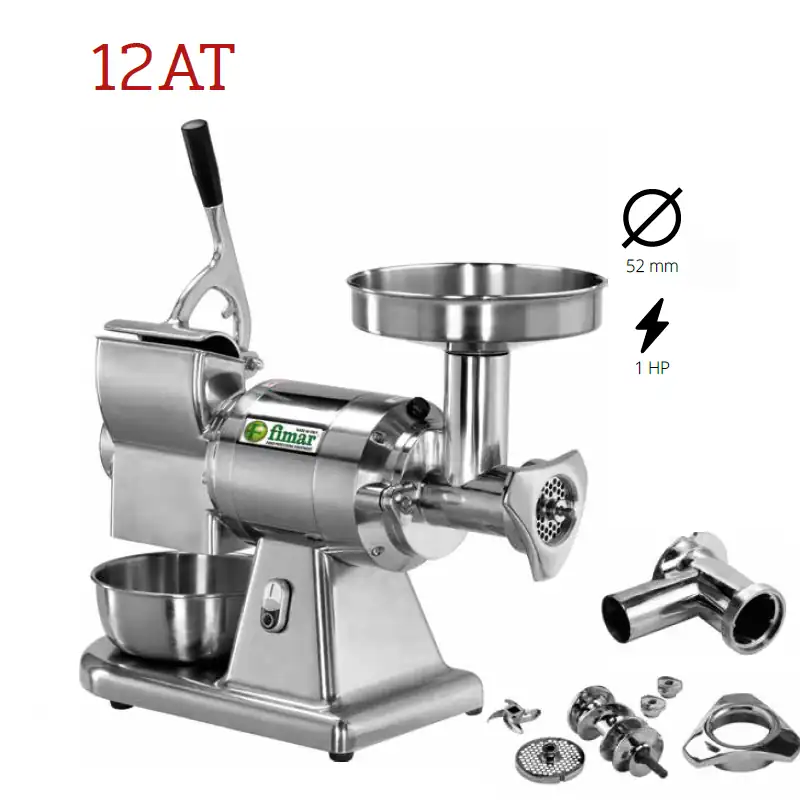 Fimar 12AT – kombinirani stroj za mljevenje mesa i ribanje kapaciteta 100–160 kg/h Kombinirani stroj Fimar 12AT za mljevenje i ribanje s aluminijskim kućištem