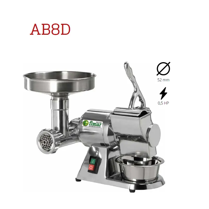 Fimar AB8D – kombinirani stroj za mljevenje mesa i ribanje kapaciteta 20–50 kg/h Kombinirani stroj Fimar AB8D za mljevenje i ribanje s aluminijskim kućištem